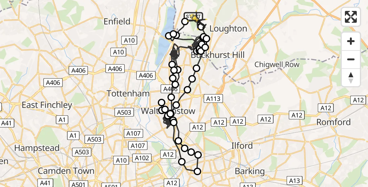 Flight path map showing Police Helicopter route from Metropolitan Police Air Support Unit Lippitts Hill to Metropolitan Police Air Support Unit Lippitts Hill