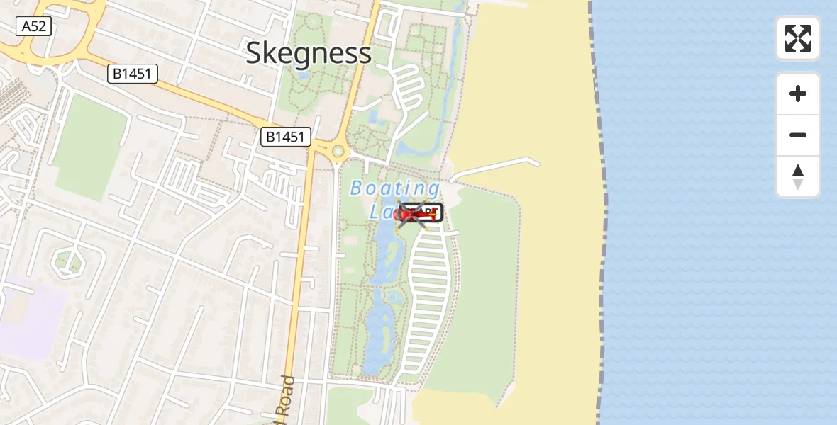 Flight path map showing Air Ambulance Helicopter route from Skegness to Skegness