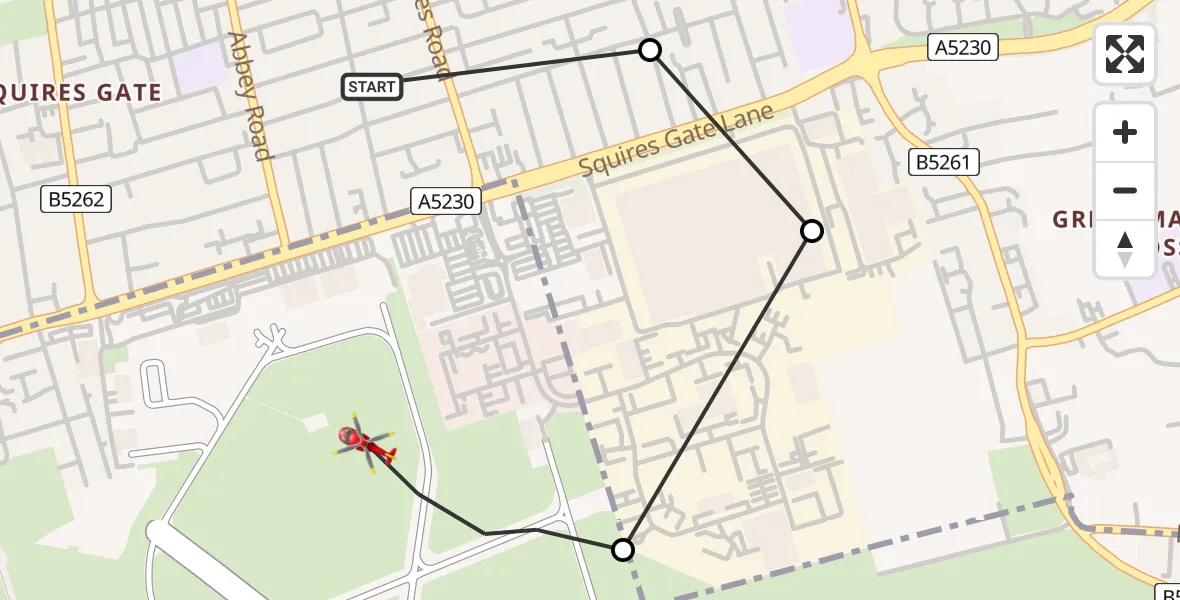 Flight path map showing Air Ambulance Helicopter route from Blackpool Airport to Blackpool Airport