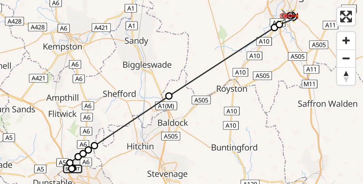 Routekaart van de vlucht: Air Ambulance Helicopter to Papworth Hospital