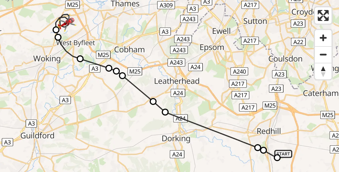 Flight path map showing Air Ambulance Helicopter route from Redhill Aerodrome to Ottershaw