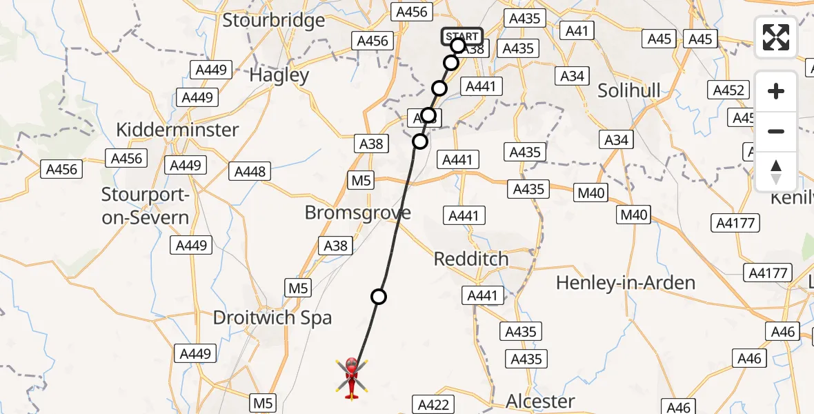 Flight path map showing Air Ambulance Helicopter route from Metchley to Himbleton