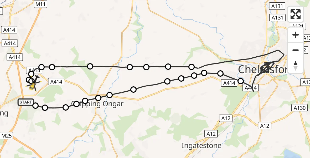 Flight path map showing Police Helicopter route from Coopersale to North Weald Bassett