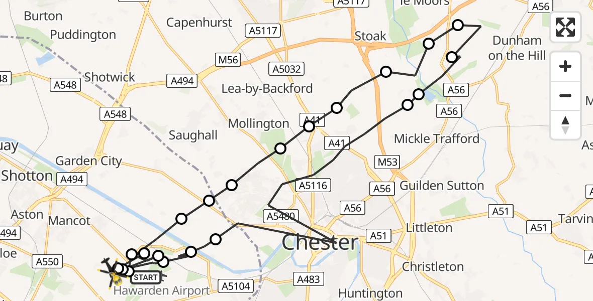 Flight path map showing Police Helicopter route from Hawarden Airport to Broughton and Bretton