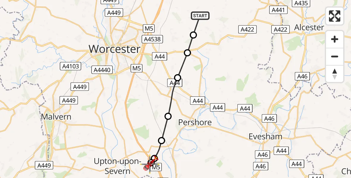 Routekaart van de vlucht: Air Ambulance Helicopter to Kinnersley, M5