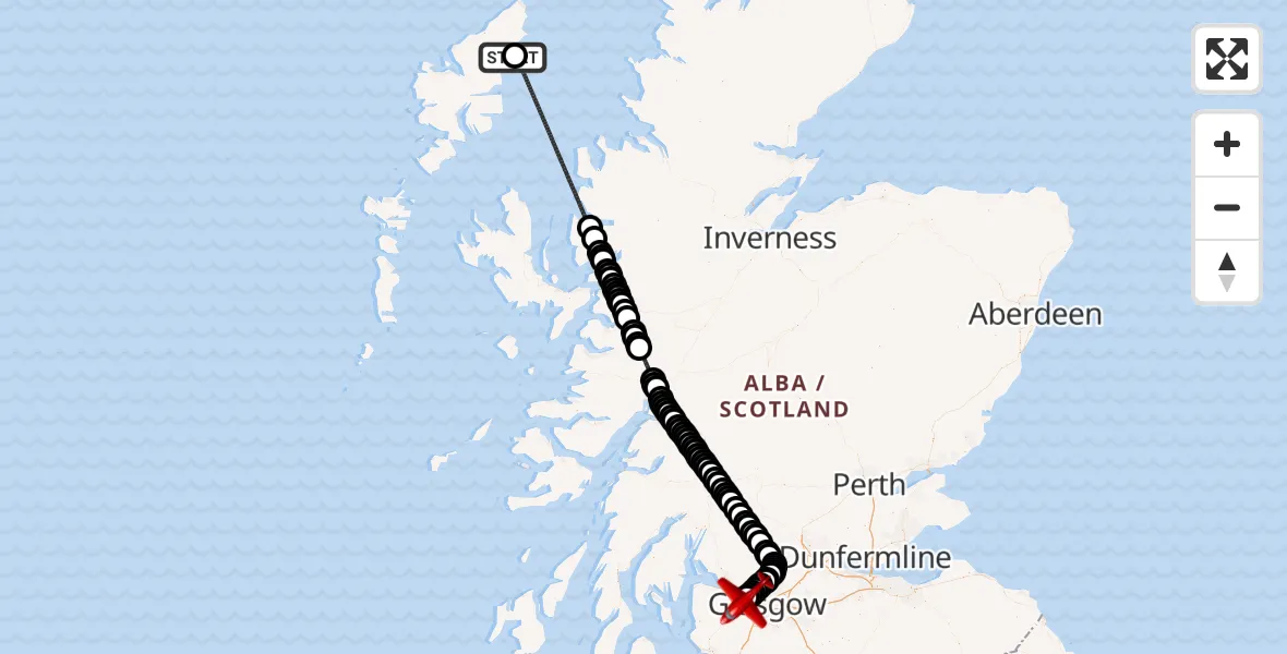 Flight path map showing Air Ambulance Aircraft route from Am Bac to Glasgow Airport