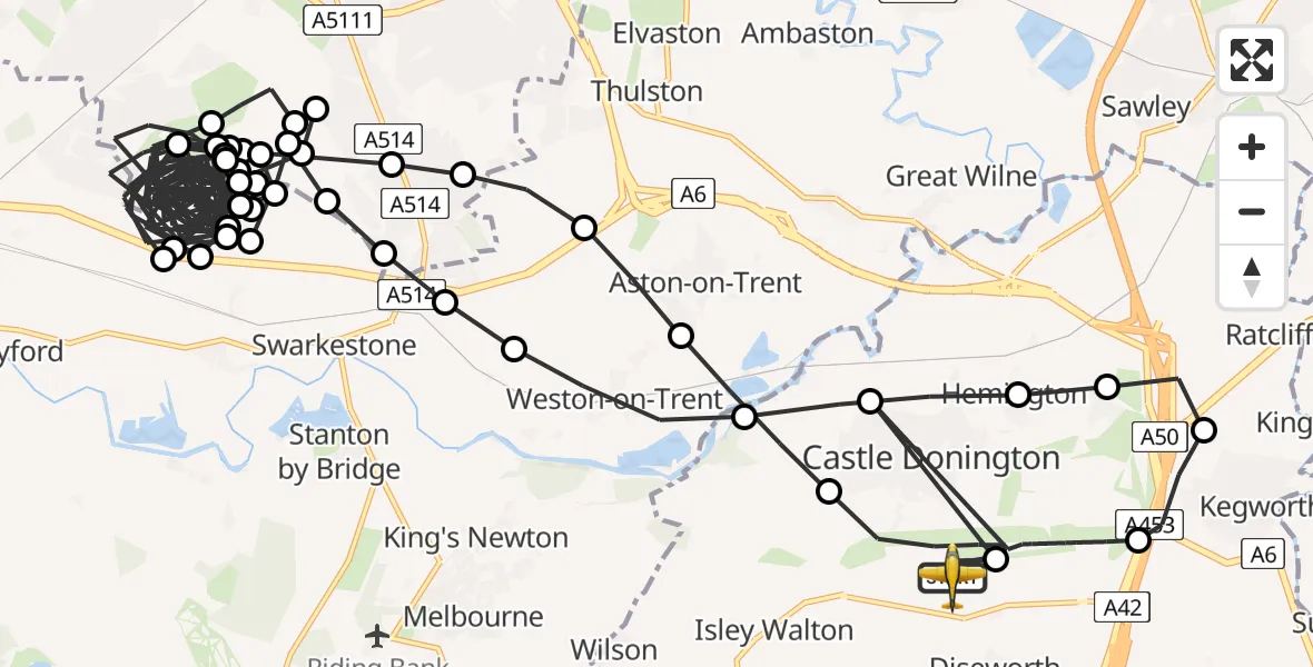 Flight path map showing Police Aircraft route from East Midlands Airport to East Midlands Airport