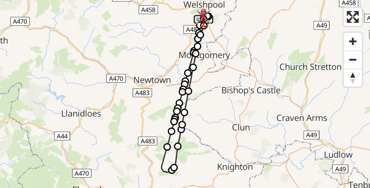 Flight path map showing Air Ambulance Helicopter route from Welshpool Airport to Welshpool Airport