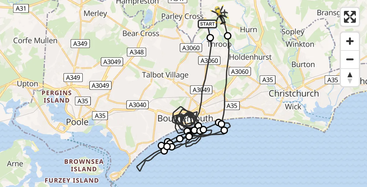 Flight path map showing Police Helicopter route from Bournemouth Airport to Bournemouth Airport