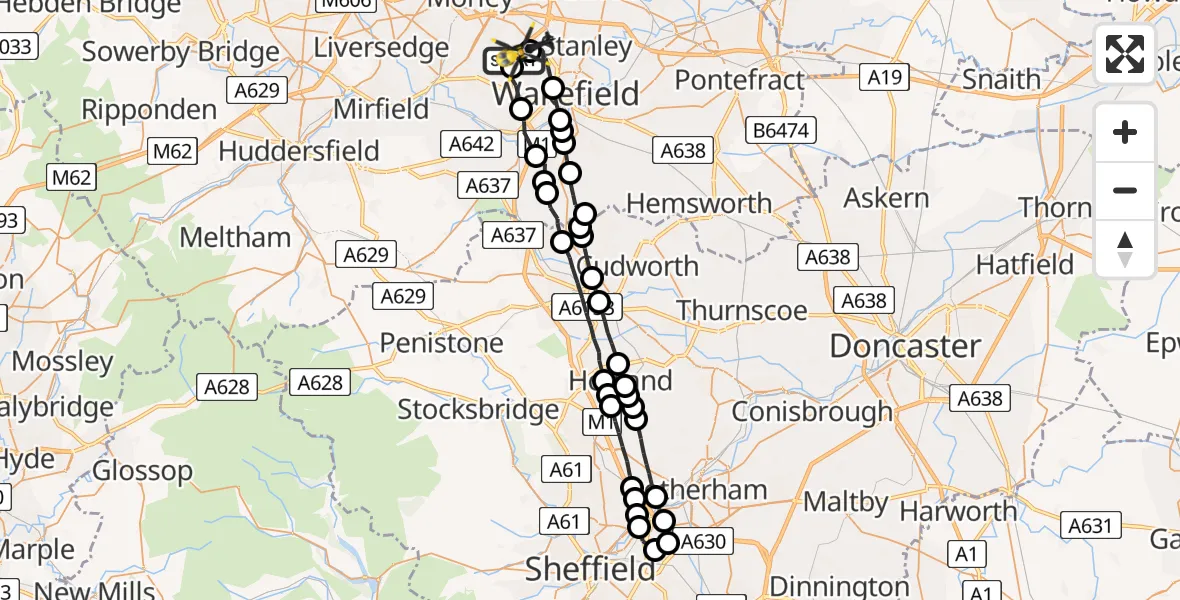 Flight path map showing Police Helicopter route from East Ardsley to East Ardsley