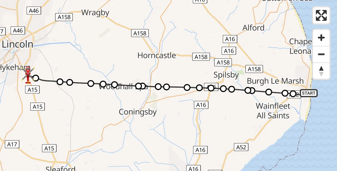 Flight path map showing Air Ambulance Helicopter route from Skegness to North Kesteven