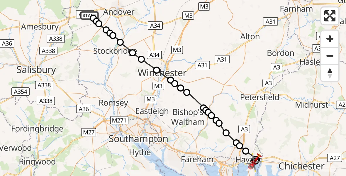 Flight path map showing Air Ambulance Helicopter route from Thruxton to Havant