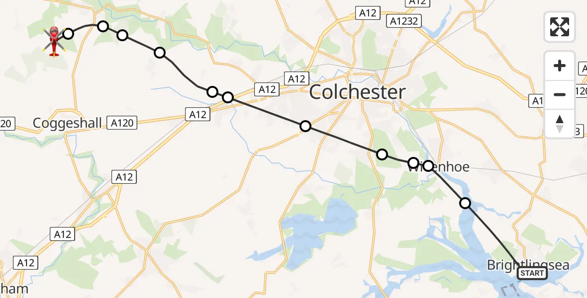 Flight path map showing Air Ambulance Helicopter route from Brightlingsea to Earls Colne Airfield