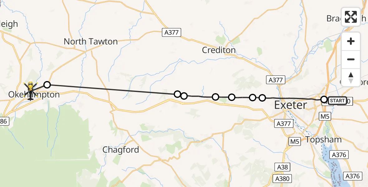 Flight path map showing Police Helicopter route from East Devon to Okehampton