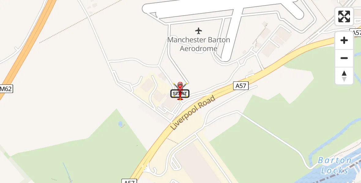 Flight path map showing Air Ambulance Helicopter route from Manchester Barton Aerodrome to Manchester Barton Aerodrome