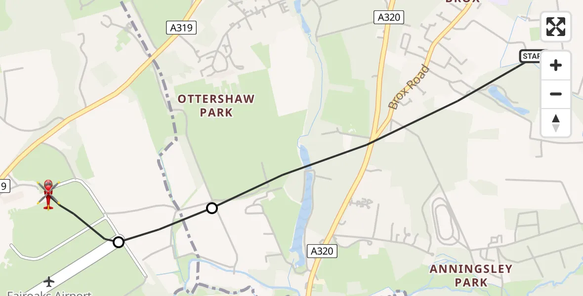 Flight path map showing Air Ambulance Helicopter route from Ottershaw to Fairoaks Airport