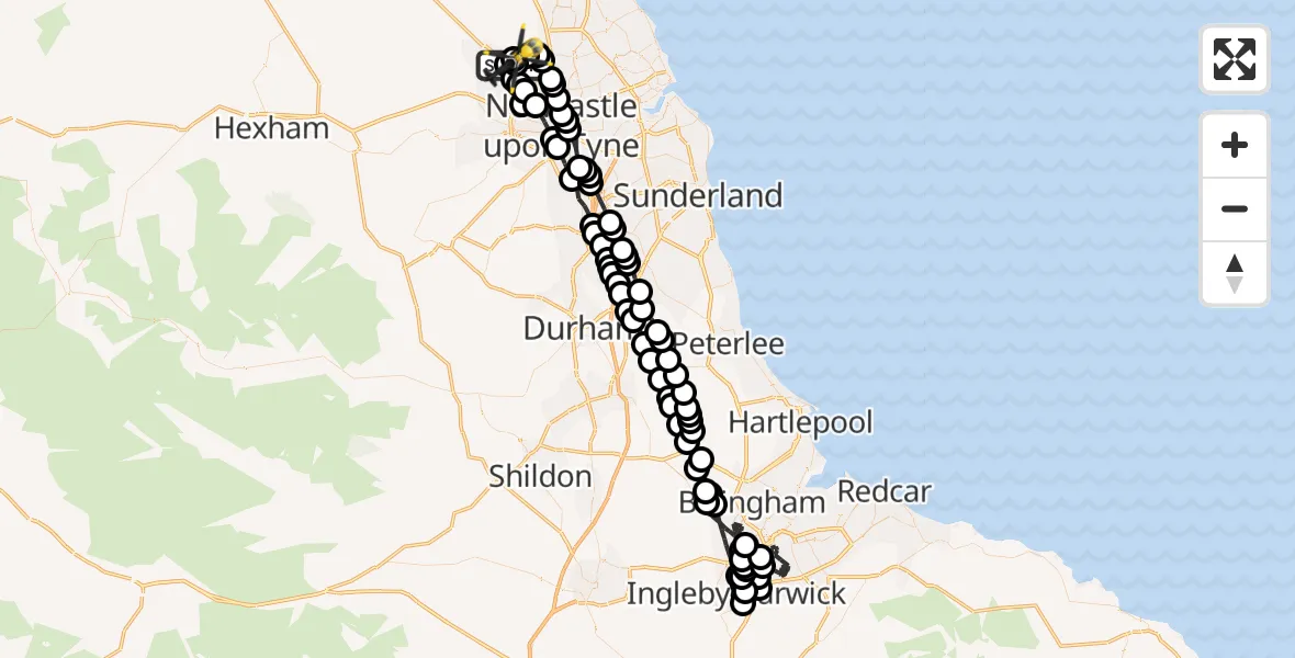 Flight path map showing Police Helicopter route from Newcastle International Airport to Newcastle International Airport