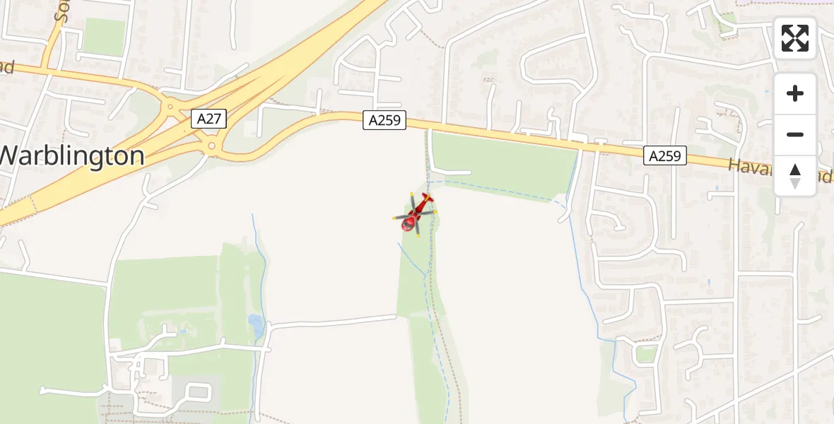 Flight path map showing Air Ambulance Helicopter route from Havant to Havant