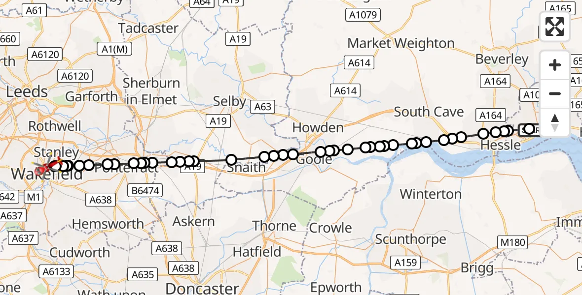 Flight path map showing Air Ambulance Helicopter route from Hull Royal Infirmary to Stanley