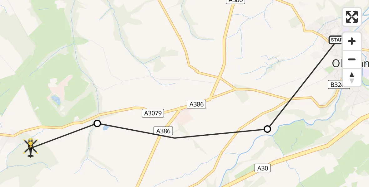 Flight path map showing Police Helicopter route from Okehampton to Sourton