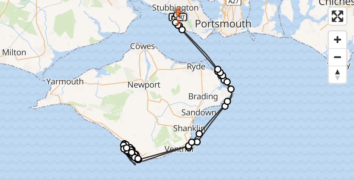 Flight path map showing Coastguard Helicopter route from Solent Airport to Solent Airport