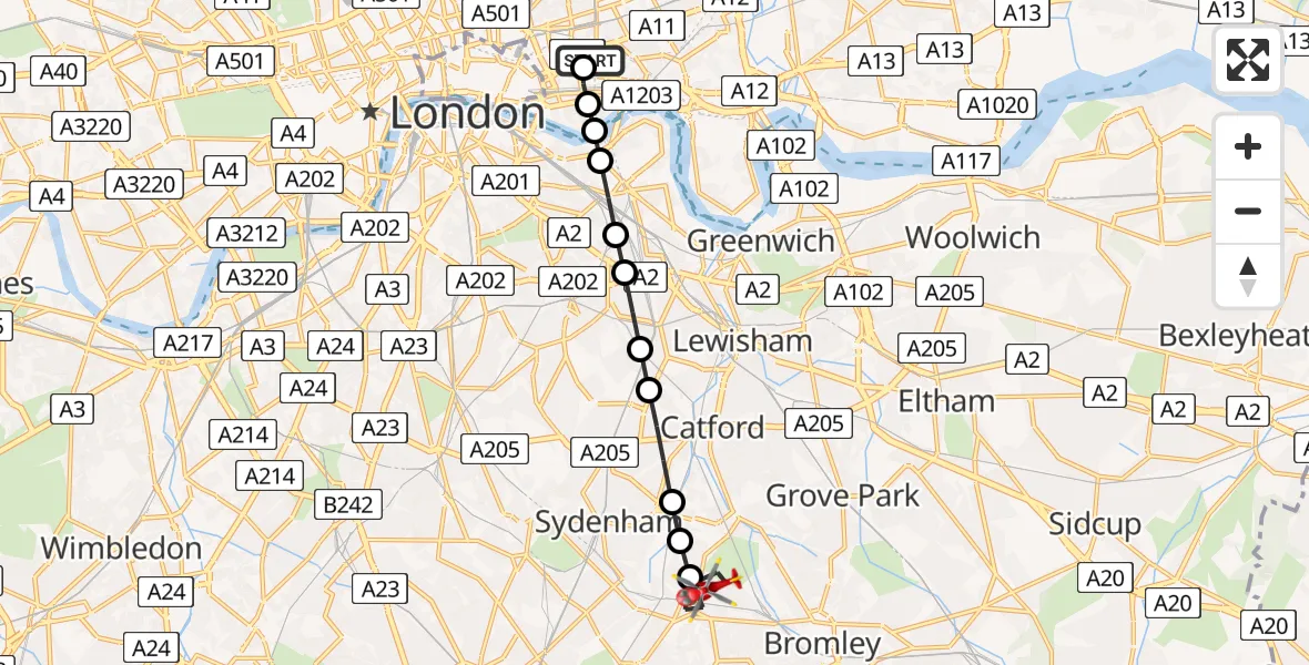 Flight path map showing Air Ambulance Helicopter route from Royal London Hospital to Beckenham
