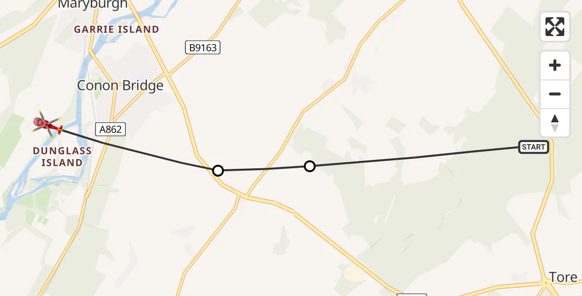 Routekaart van de vlucht: Air Ambulance Helicopter to Conon Bridge, Maryburgh