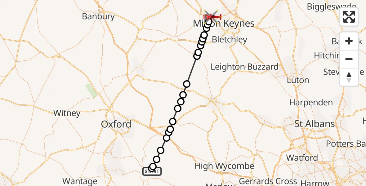 Flight path map showing Air Ambulance Helicopter route from RAF Benson to Wolverton