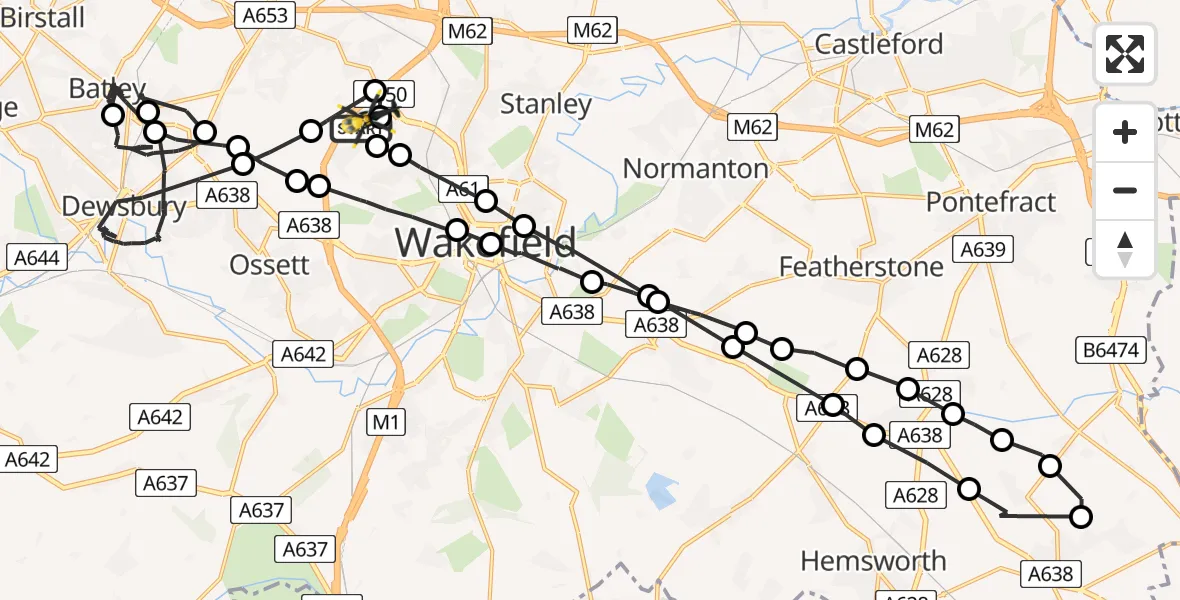 Flight path map showing Police Helicopter route from East Ardsley to East Ardsley