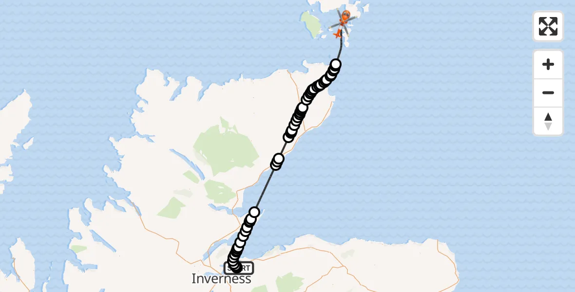 Flight path map showing Coastguard Helicopter route from Inverness Airport to North Atlantic Ocean