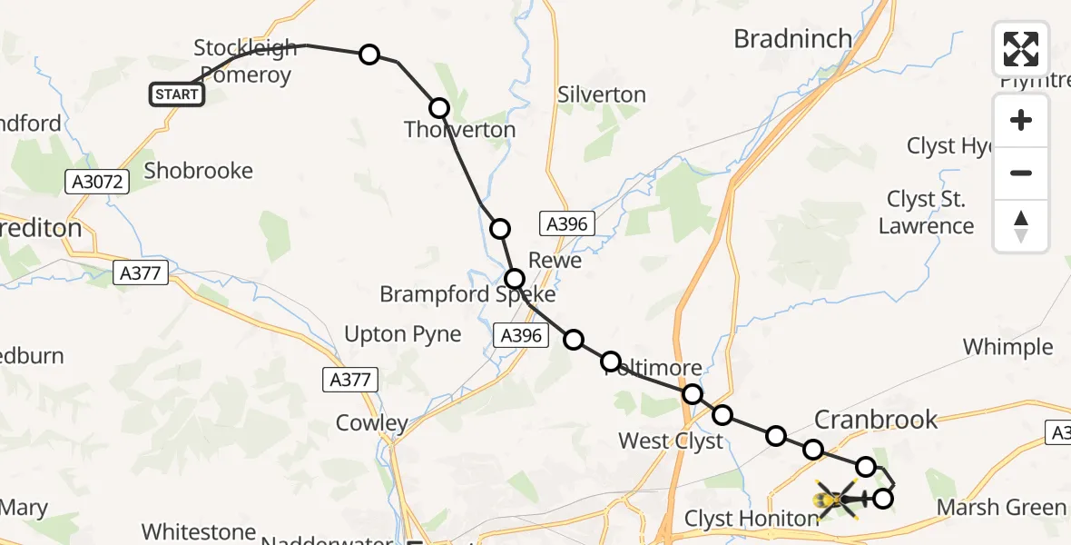Flight path map showing Police Helicopter route from Stockleigh Pomeroy to Exeter International Airport