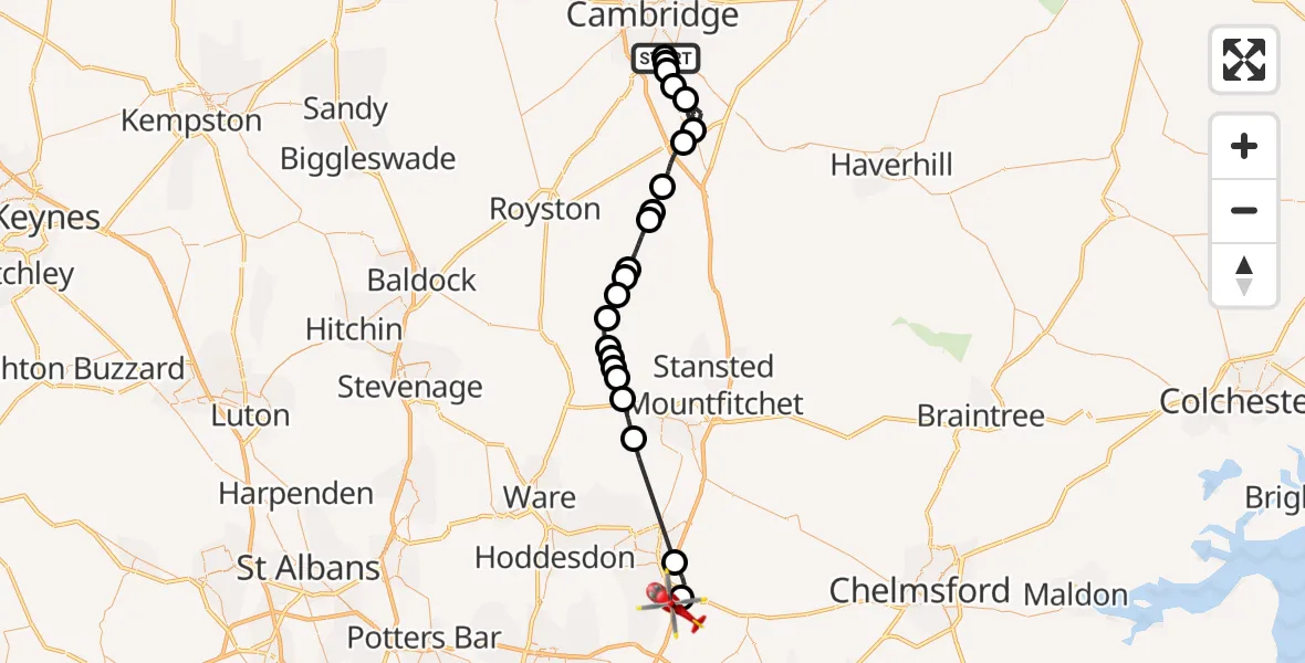 Flight path map showing Air Ambulance Helicopter route from Papworth Hospital to North Weald Airfield