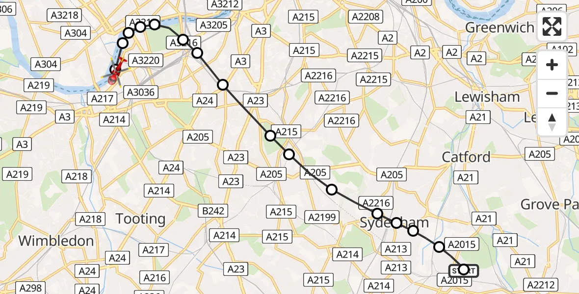 Flight path map showing Air Ambulance Helicopter route from Beckenham to London Heliport