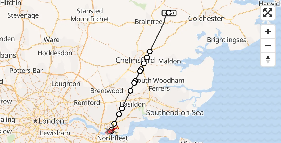 Flight path map showing Air Ambulance Helicopter route from Earls Colne Airfield to Grays