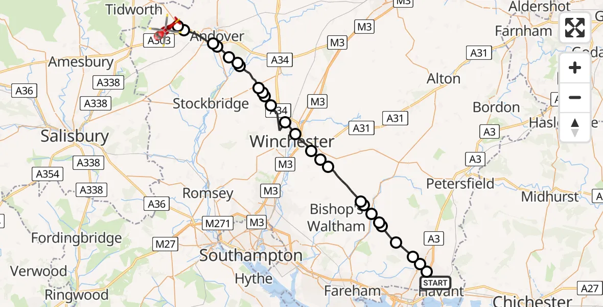 Flight path map showing Air Ambulance Helicopter route from Havant to Fyfield