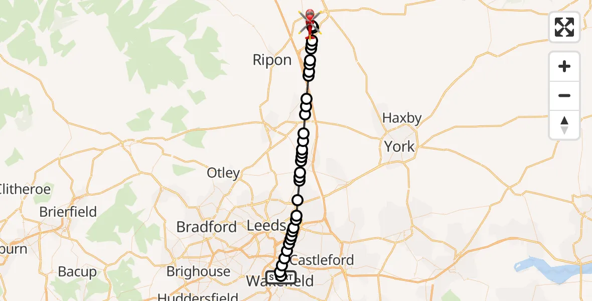Flight path map showing Air Ambulance Helicopter route from Newton Hill to RAF Topcliffe