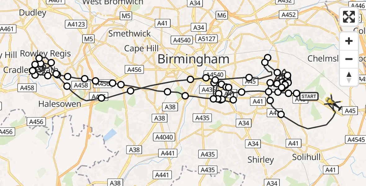Flight path map showing Police Helicopter route from Sheldon to Birmingham Airport