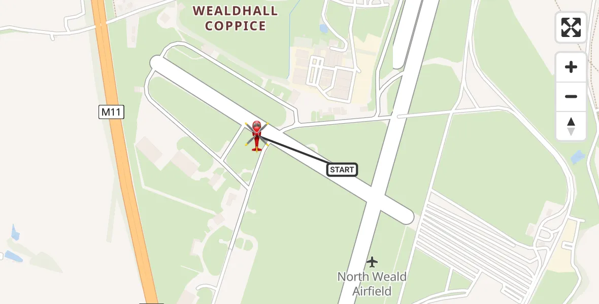 Flight path map showing Air Ambulance Helicopter route from North Weald Airfield to North Weald Airfield