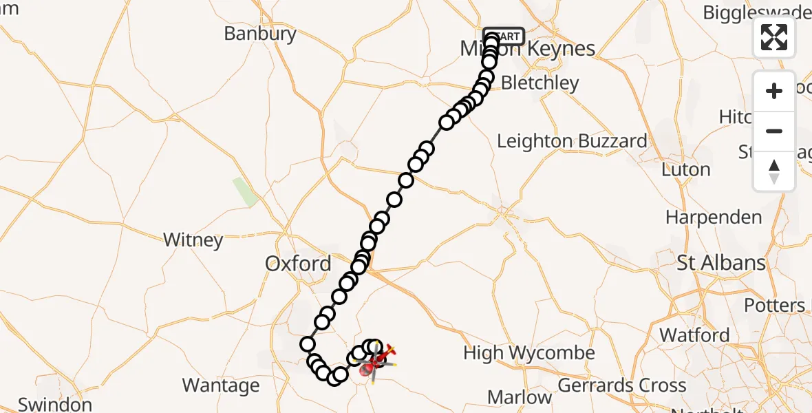 Flight path map showing Air Ambulance Helicopter route from Wolverton to RAF Benson