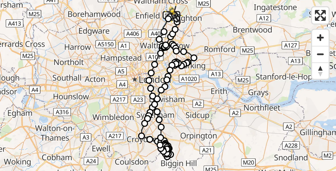 Flight path map showing Police Helicopter route from Sewardstonebury to Metropolitan Police Air Support Unit Lippitts Hill
