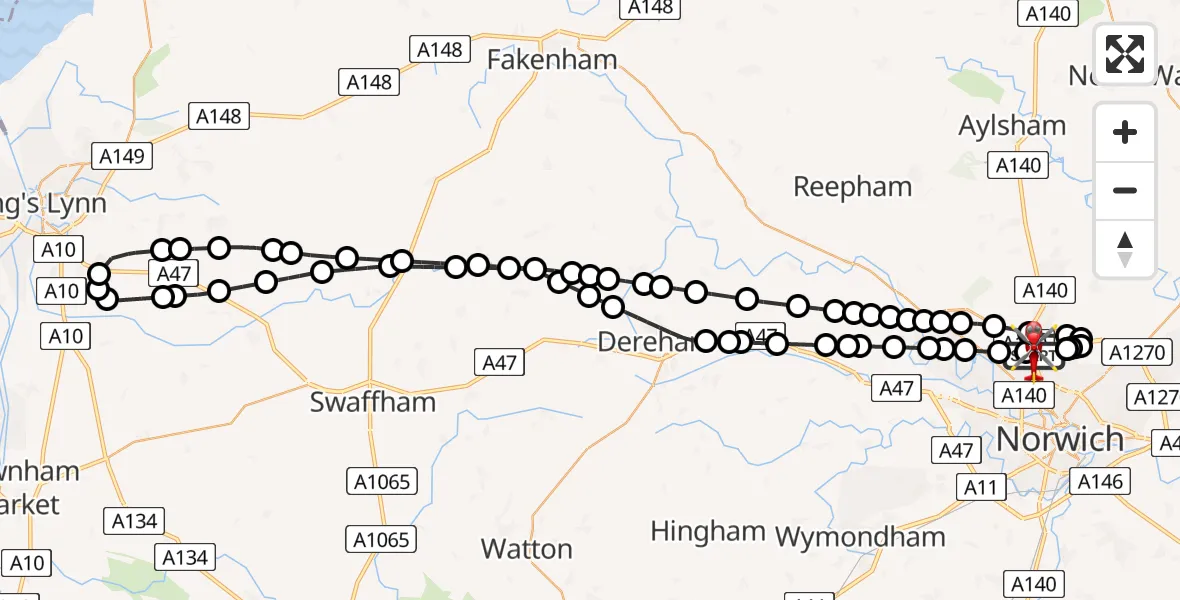 Flight path map showing Air Ambulance Helicopter route from Norwich Airport to Norwich Airport