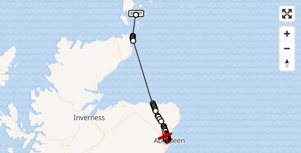 Flight path map showing Air Ambulance Aircraft route from Kirkwall to Aberdeen International Airport
