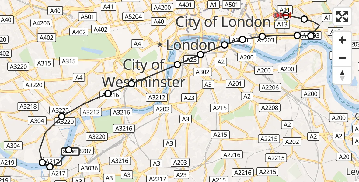 Flight path map showing Air Ambulance Helicopter route from London Heliport to Royal London Hospital