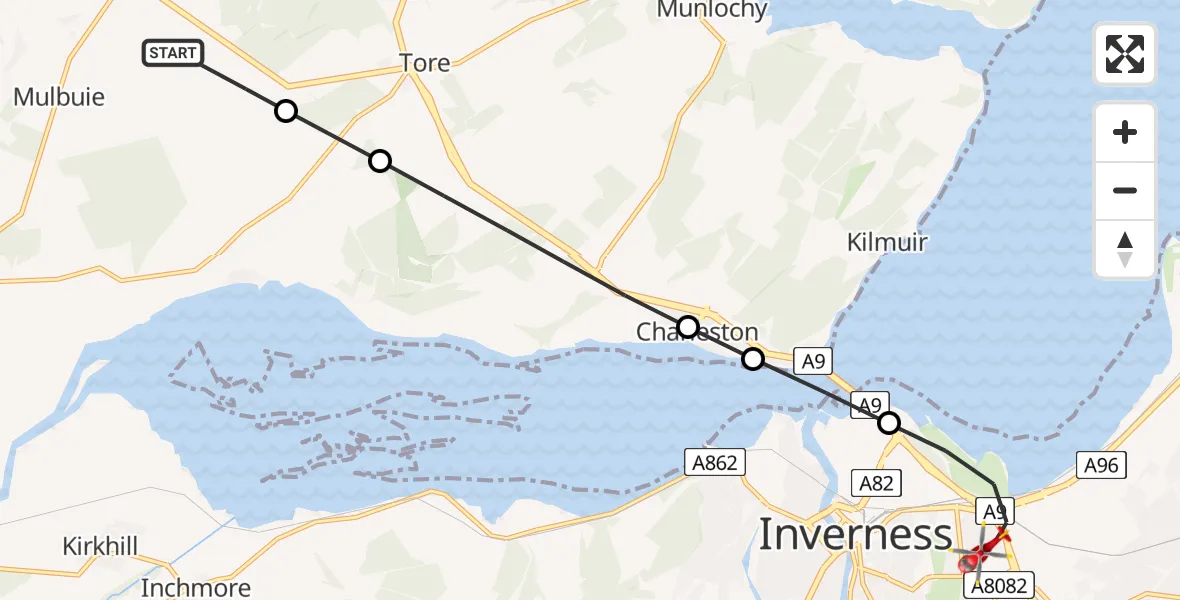 Flight path map showing Air Ambulance Helicopter route from Mulbuie to Inverness