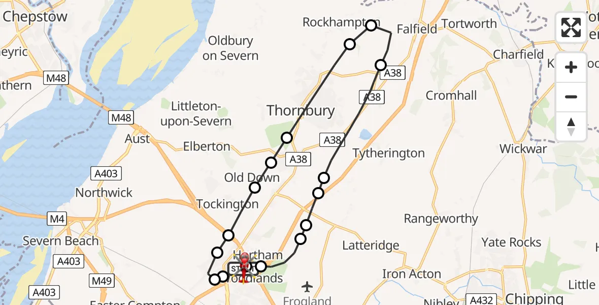 Flight path map showing Air Ambulance Helicopter route from Almondsbury Helicopter Base to Almondsbury Helicopter Base