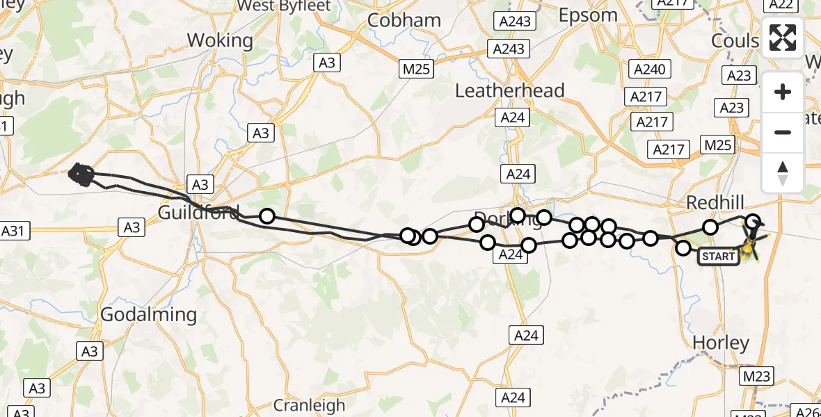 Flight path map showing Police Helicopter route from Salfords to South Nutfield