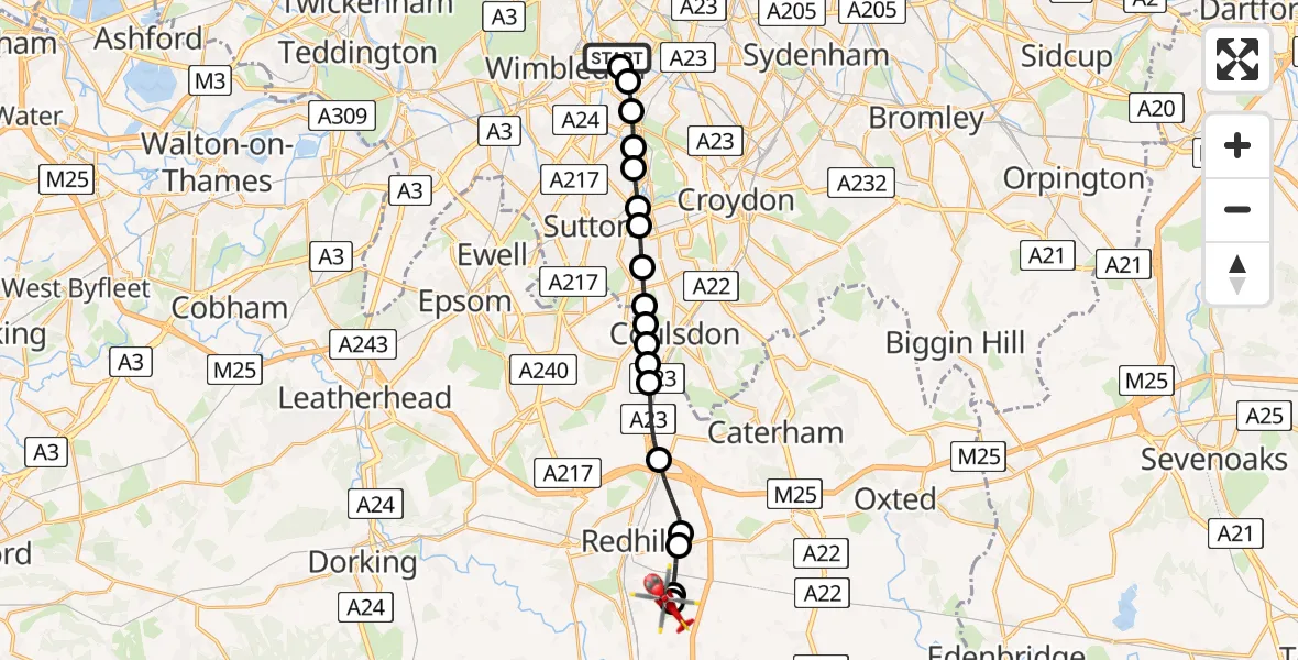 Flight path map showing Air Ambulance Helicopter route from St Georges Hospital to Redhill Aerodrome