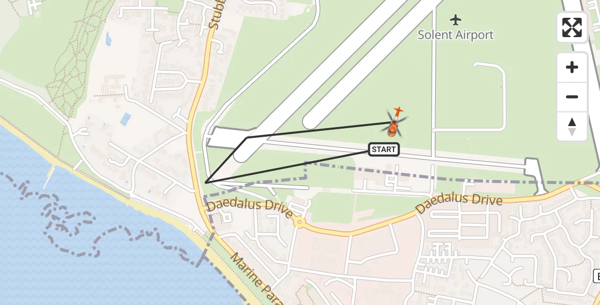 Flight path map showing Coastguard Helicopter route from Solent Airport to Solent Airport