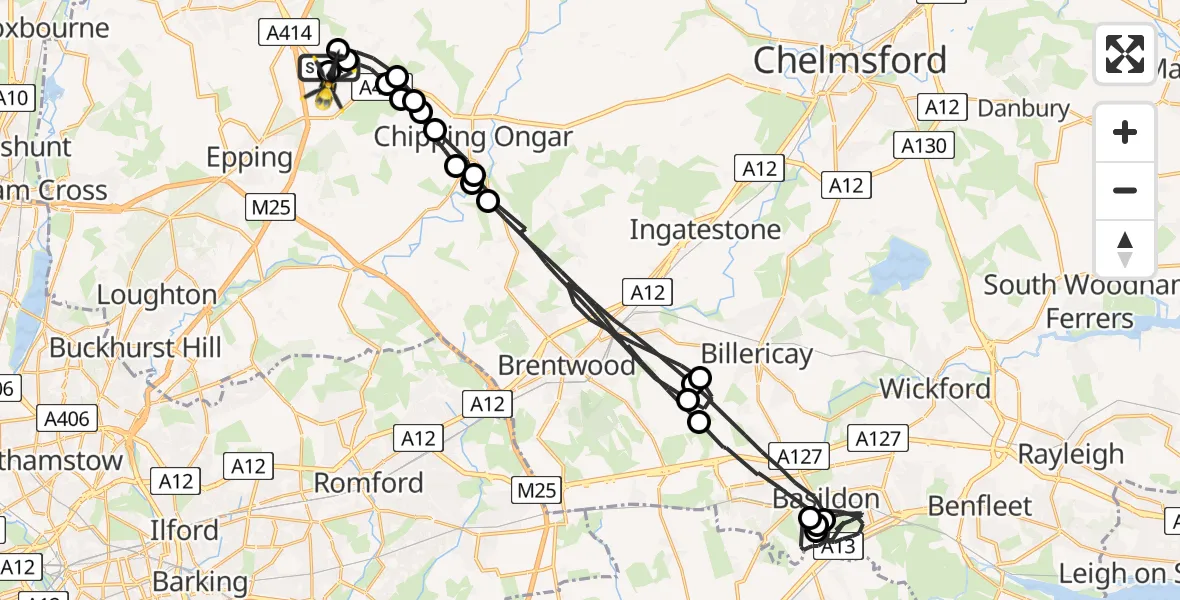 Flight path map showing Police Helicopter route from North Weald Airfield to North Weald Airfield
