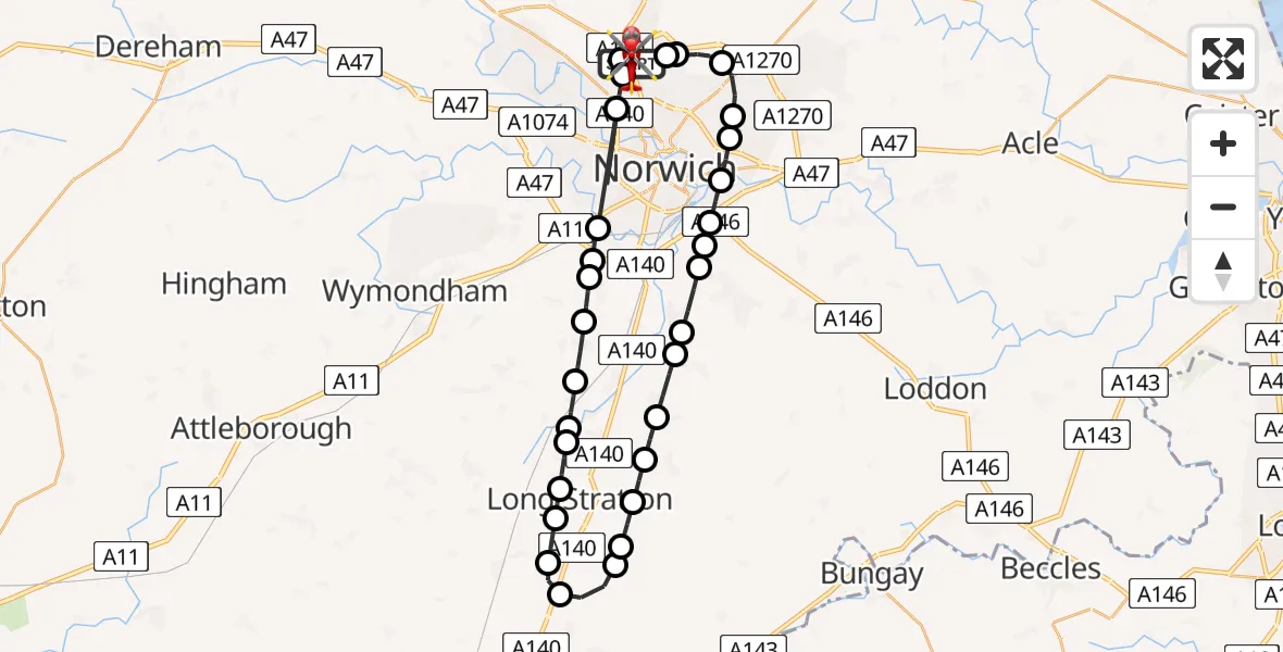 Flight path map showing Air Ambulance Helicopter route from Norwich Airport to Norwich Airport